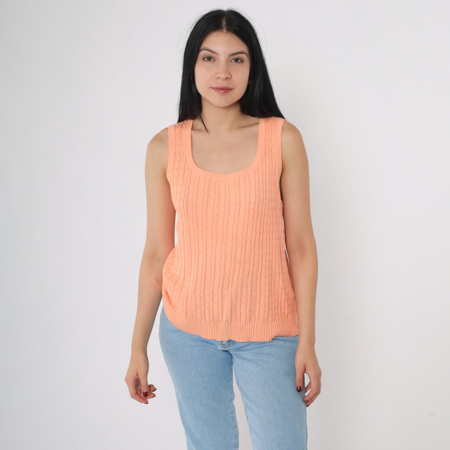 90s Cable Knit Vest Peach Scoop Neck Sleeveless Pullover Small