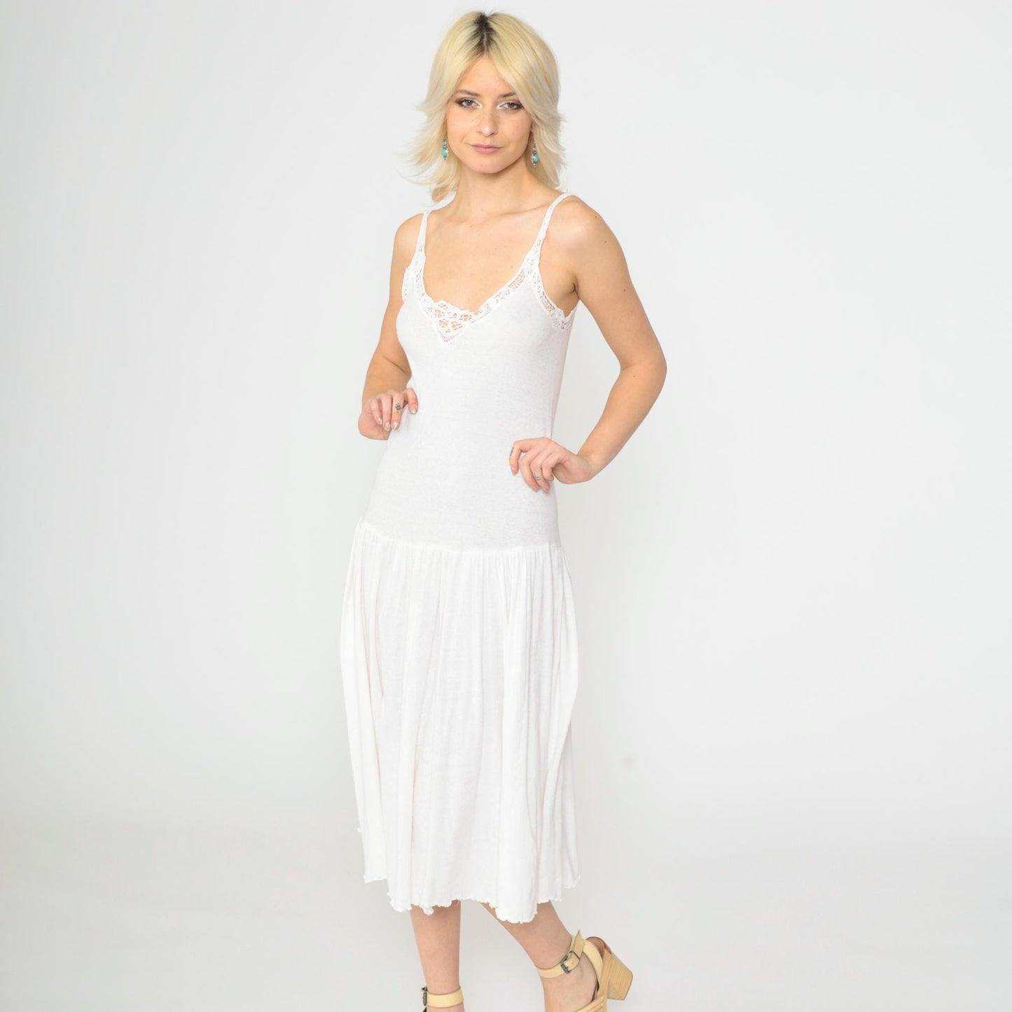 90s White Cotton Slip Dress Midi Lace Trim Spaghetti Strap Small