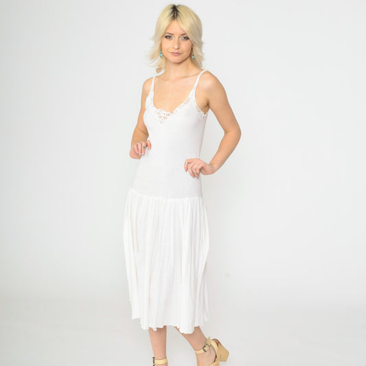 90s White Cotton Slip Dress Midi Lace Trim Spaghetti Strap Small
