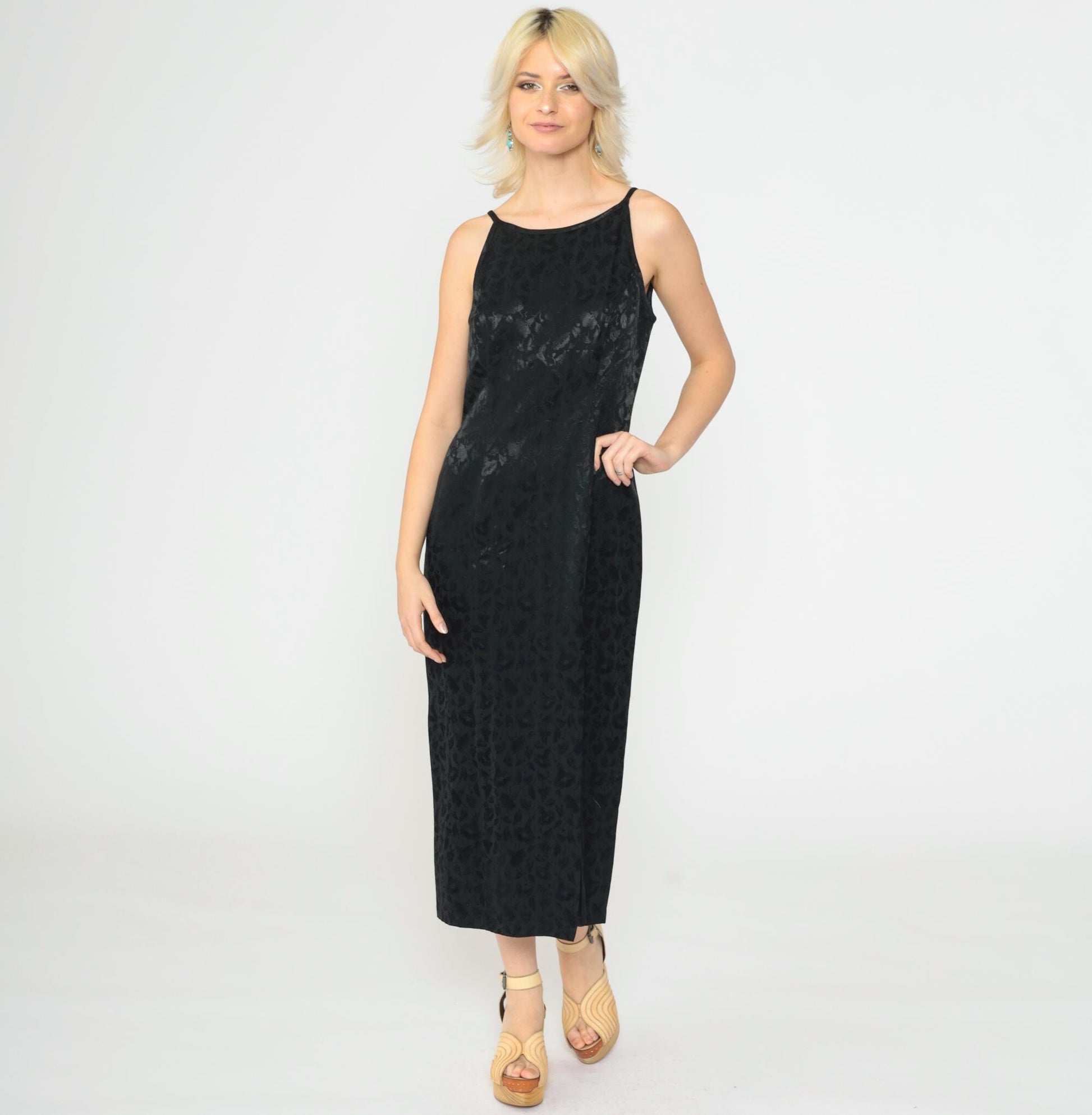 90s Black Jacquard Floral Midi Dress Spaghetti Strap Side Slit Sheath Medium 8