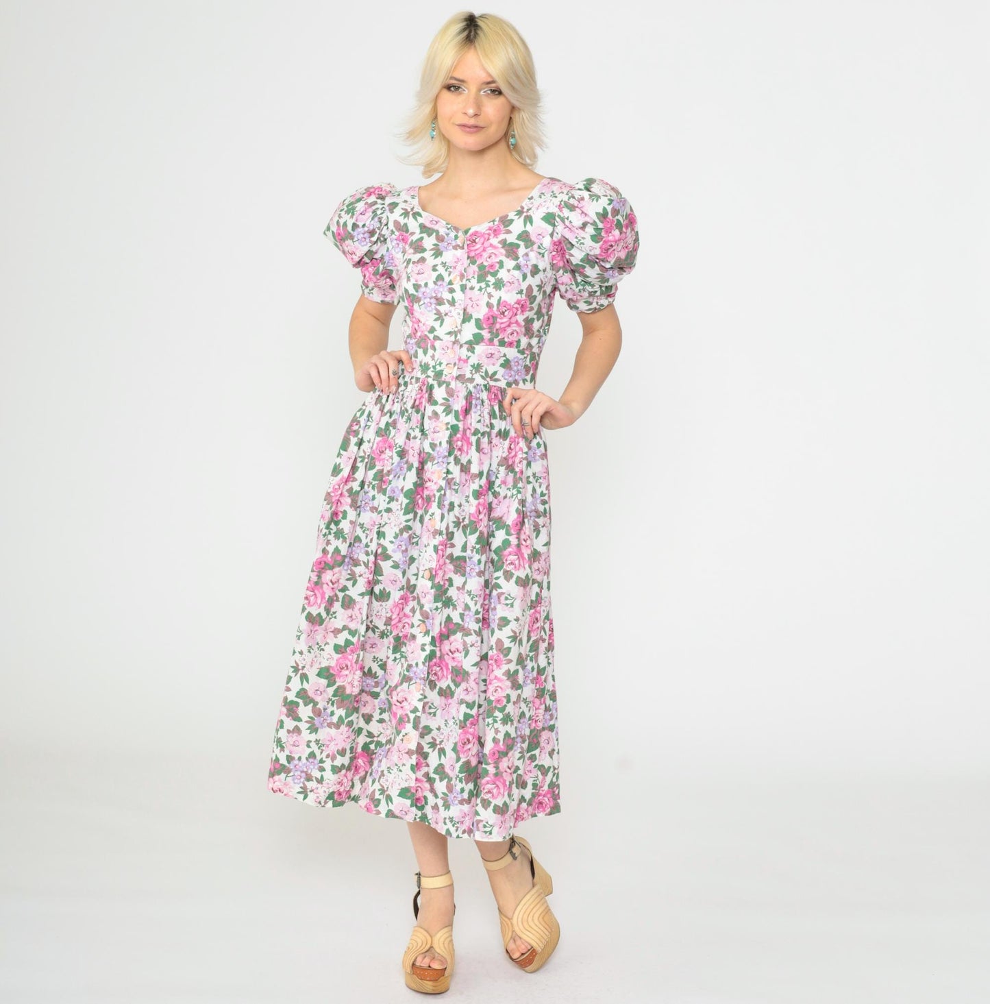 80s Act I Floral Puff Sleeve Midi Dress Criss-Cross Keyhole Back White Pink Extra Small