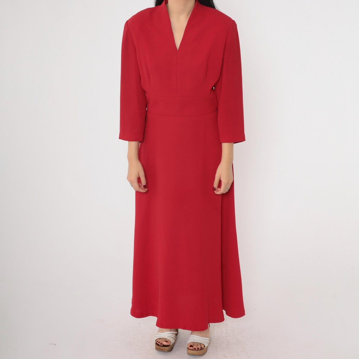 90s Donna Morgan Red Maxi Dress V-Neck High Waist Long Sleeve Small
