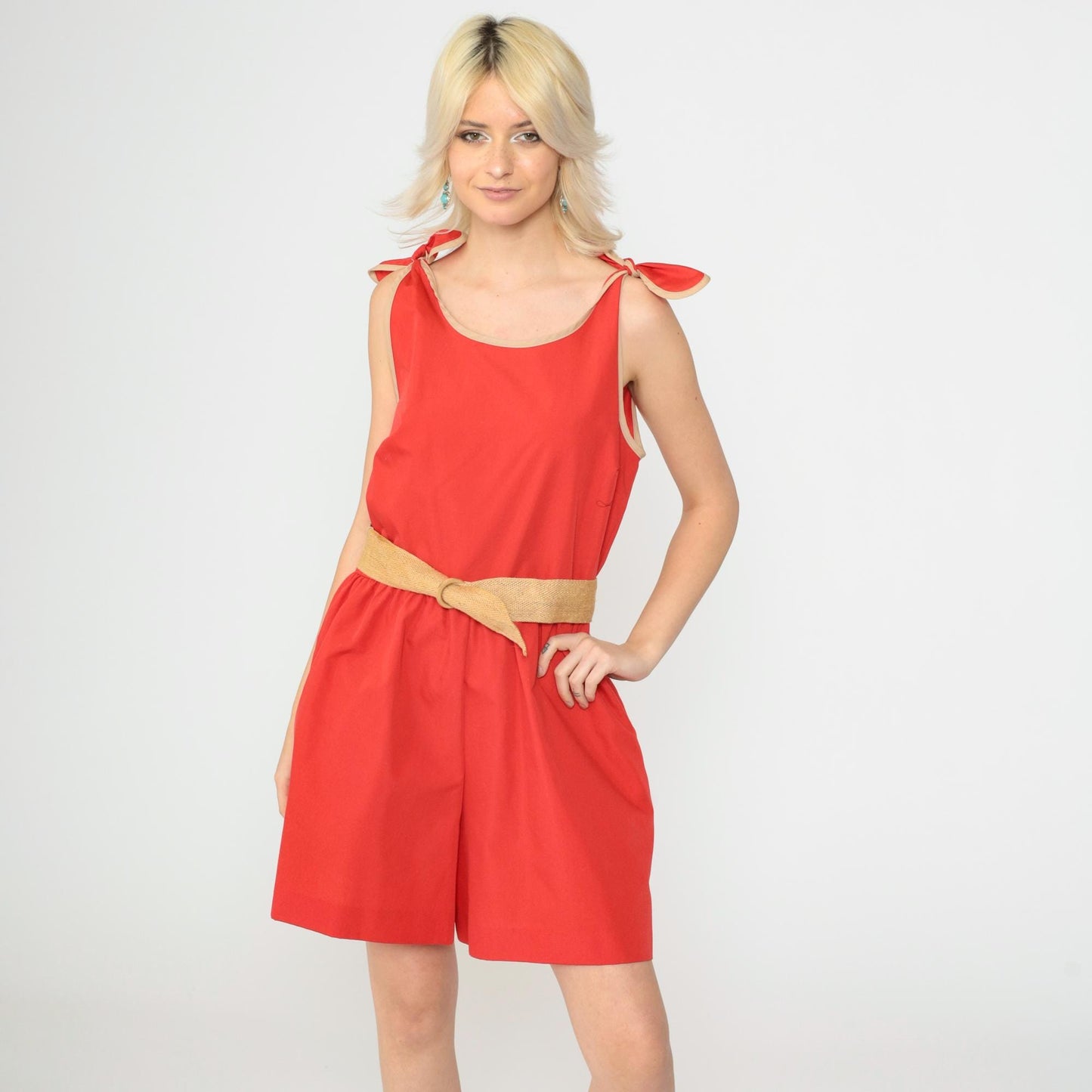 80s Red Ringer Romper Playsuit Tie Shoulder High Waist Sleeveless Medium