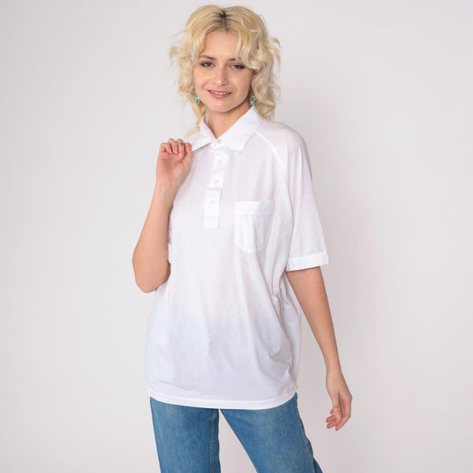 80s Tournament White Polo Shirt Raglan Sleeve Collared Large