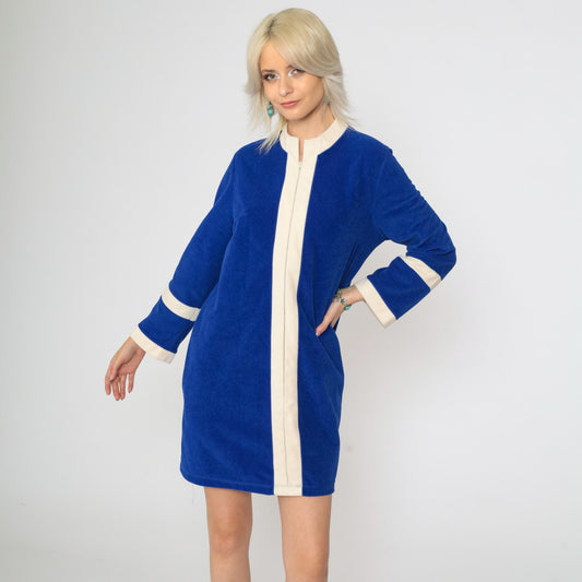 70s Vanity Fair Velour Robe Dress Royal Blue Stripe Mini Mandarin Collar Medium
