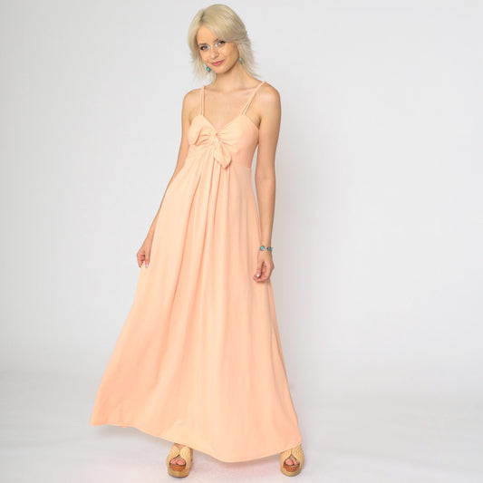 1970s Peach Grecian Maxi Dress Empire Waist Chest Tie Spaghetti Strap Small