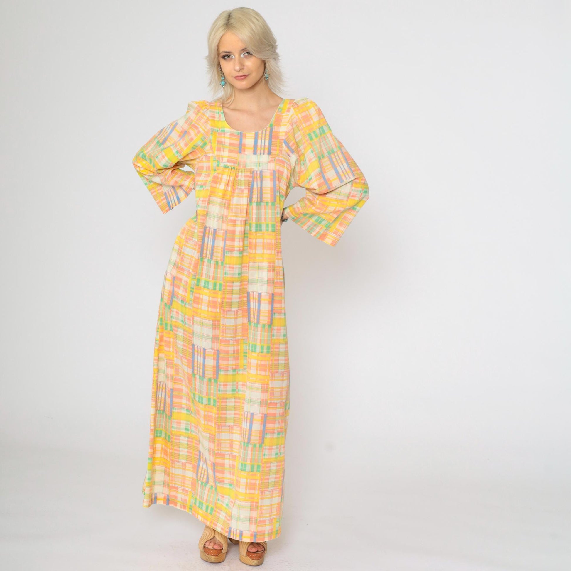 70s Patchwork Plaid Caftan Maxi Dress Wide Sleeve Yellow Peach Small