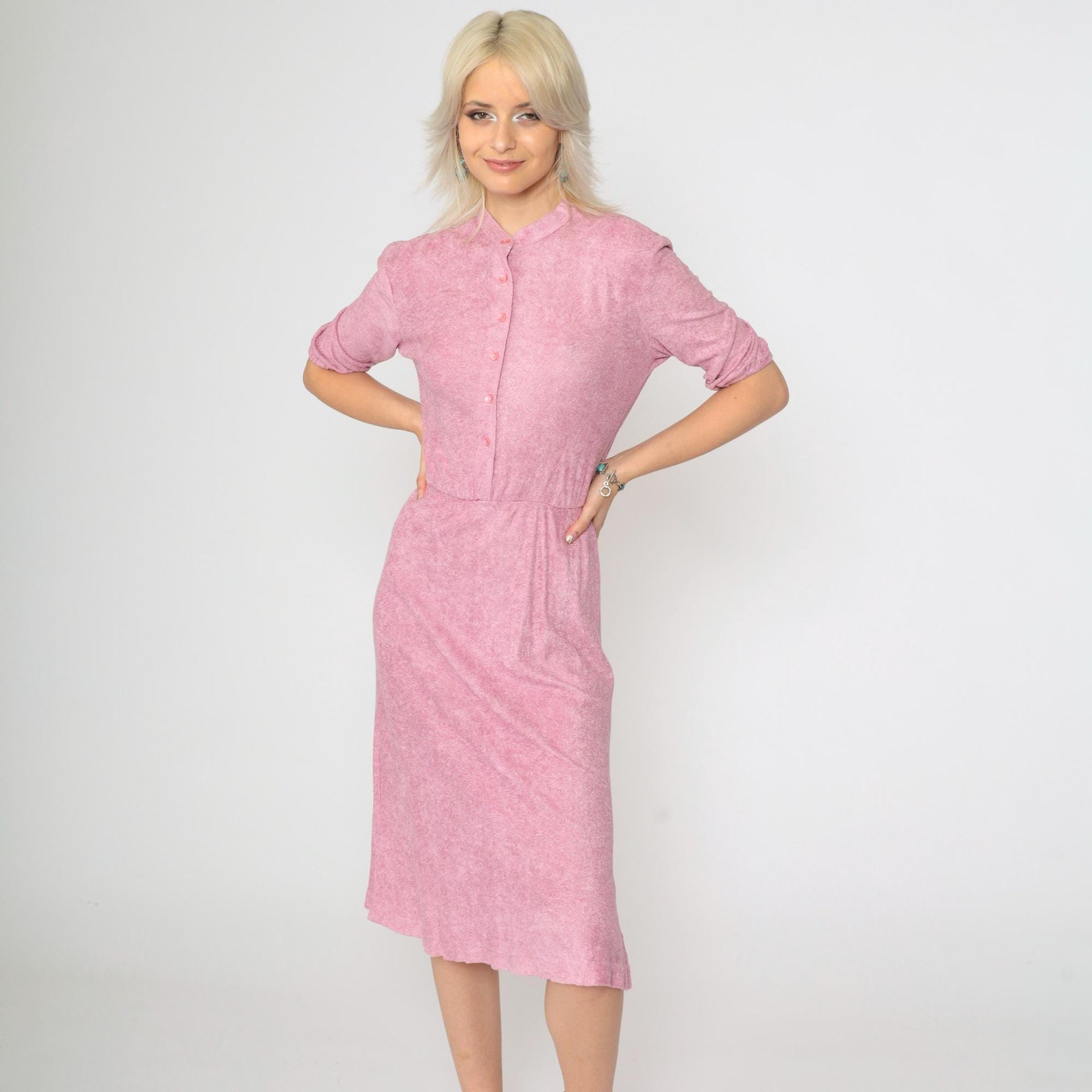 70s Pink Terry Cloth Midi Dress Mandarin Collar Button Up Half Sleeve Extra Small