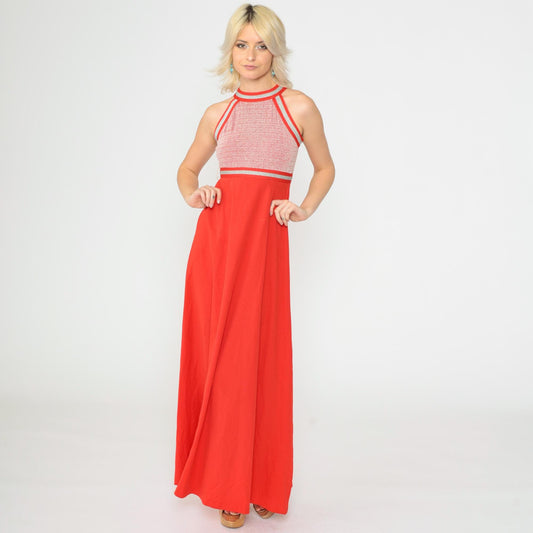 70s Red Metallic Halter Maxi Dress Empire Waist Racerback Extra Small