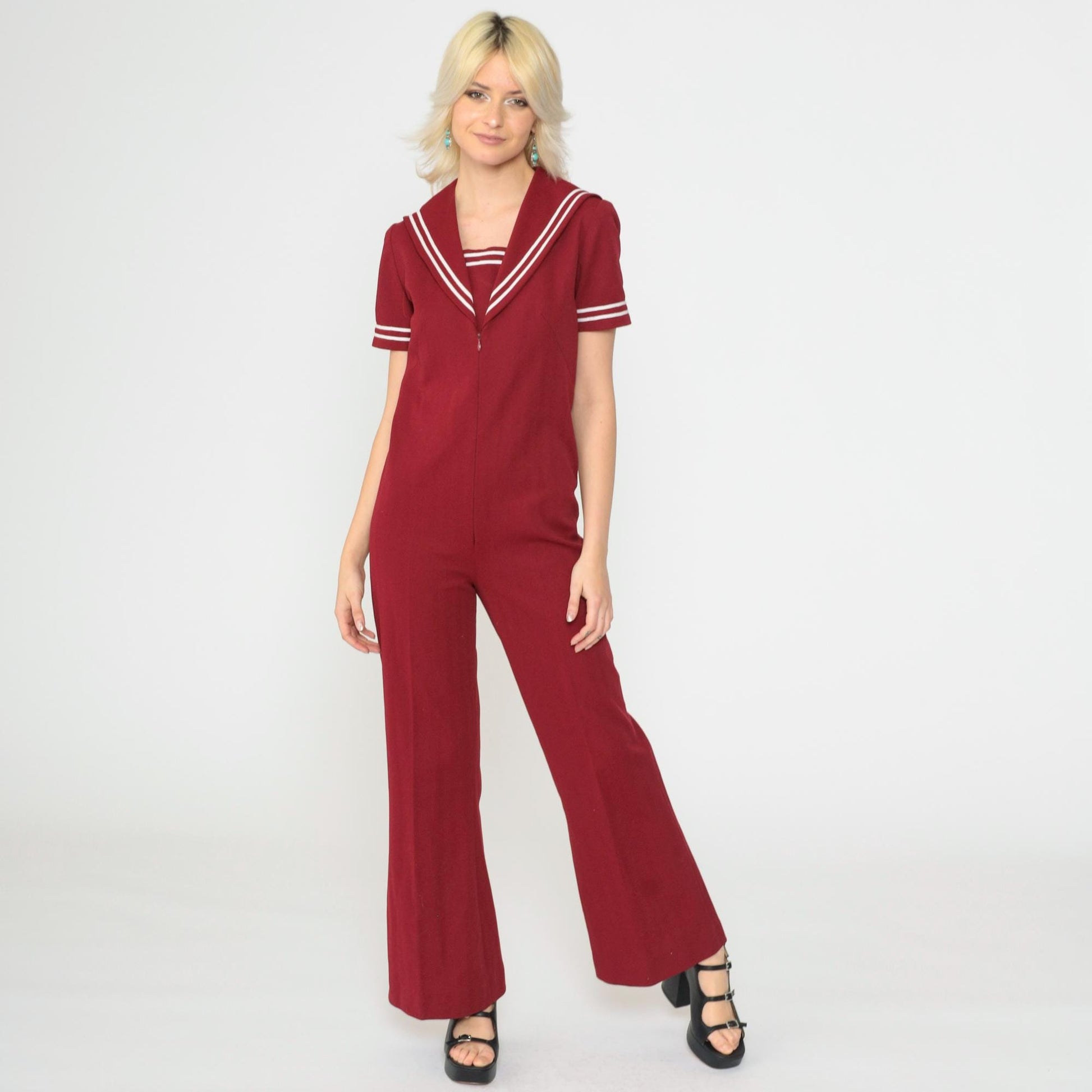 70s Sailor Collar Jumpsuit Burgundy Bell Bottom Zip Front Small