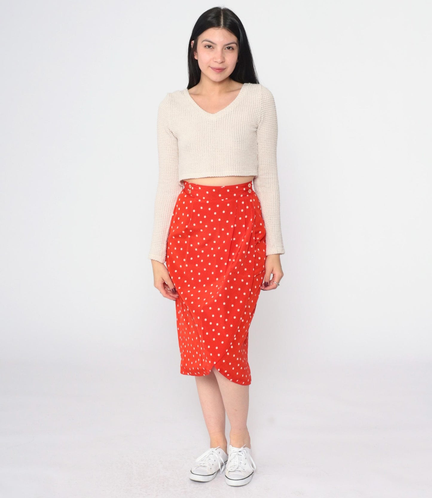 90s Liz Claiborne Polka Dot Tulip Wrap Midi Skirt Red Extra Small