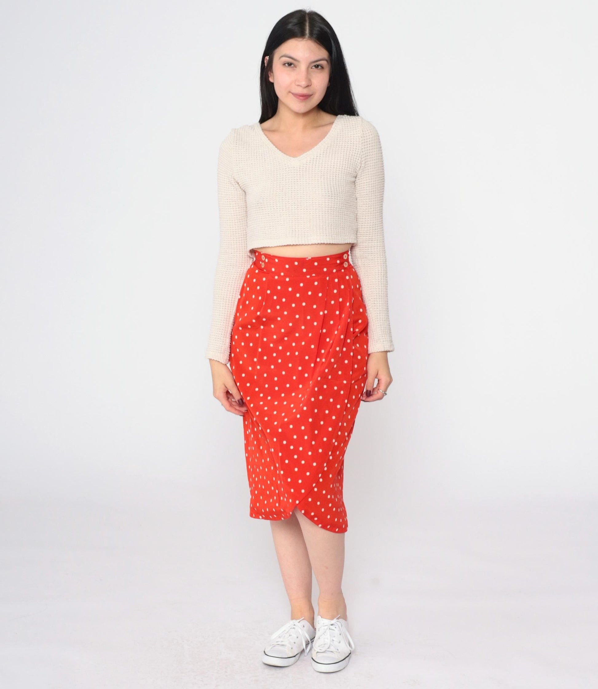 90s Liz Claiborne Polka Dot Tulip Wrap Midi Skirt Red Extra Small