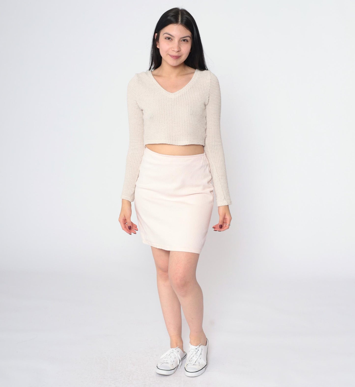 90s Baby Pink Denim Mini Skirt High Waisted Bodycon Jean Skirt Medium