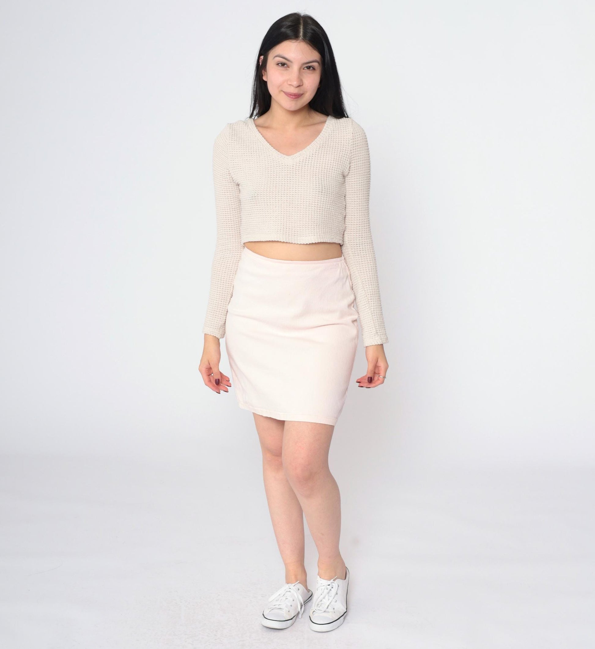 90s Baby Pink Denim Mini Skirt High Waisted Bodycon Jean Skirt Medium