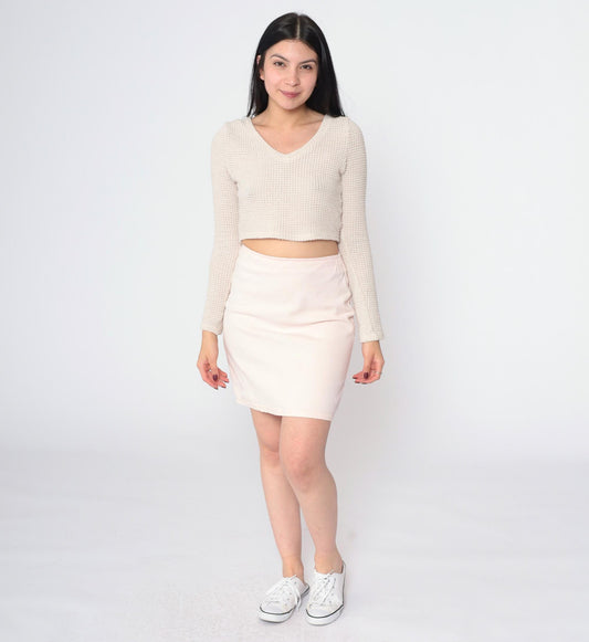 90s Baby Pink Denim Mini Skirt High Waisted Bodycon Jean Skirt Medium