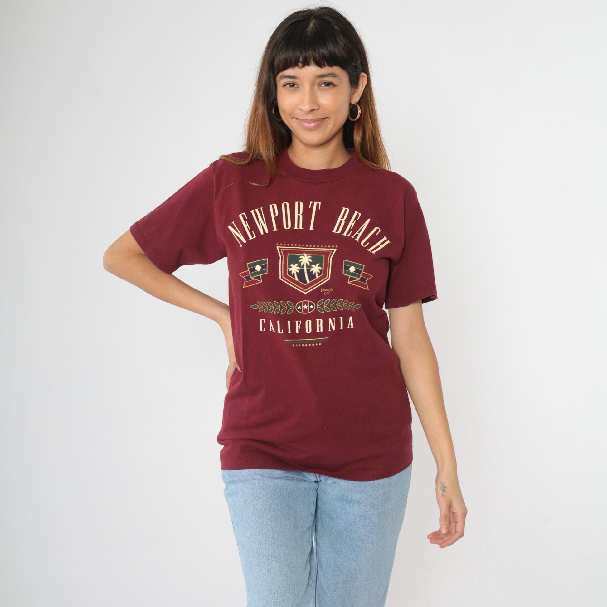 90s Newport Beach California Graphic Tee Burgundy Cotton Medium
