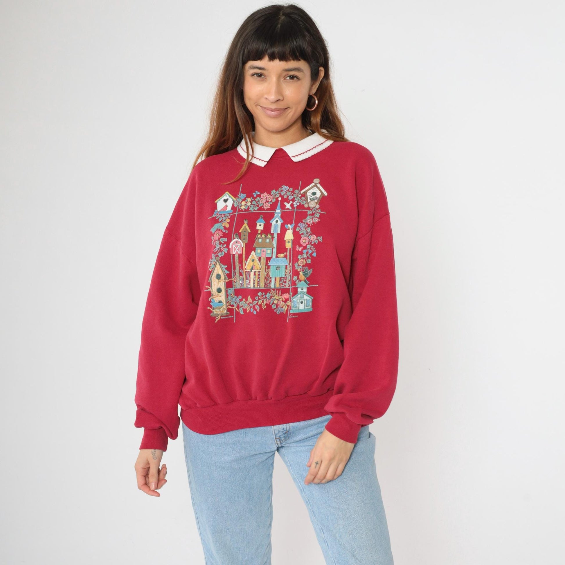 90s Morning Sun Red Birdhouse Collared Sweatshirt Graphic Jumper Extra Large
