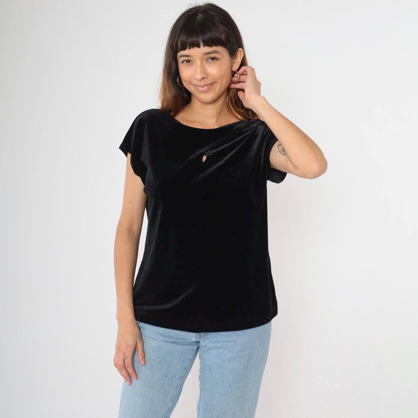 Y2K Black Velvet Keyhole Cutout Blouse Short Sleeve Chico's Top Extra Small