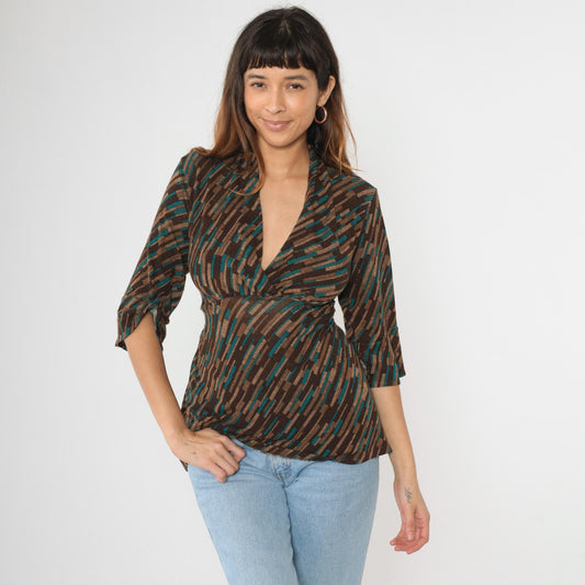 Y2K Briggs New York Striped Blouse Empire Waist Deep V Neck Brown Teal Large Petite