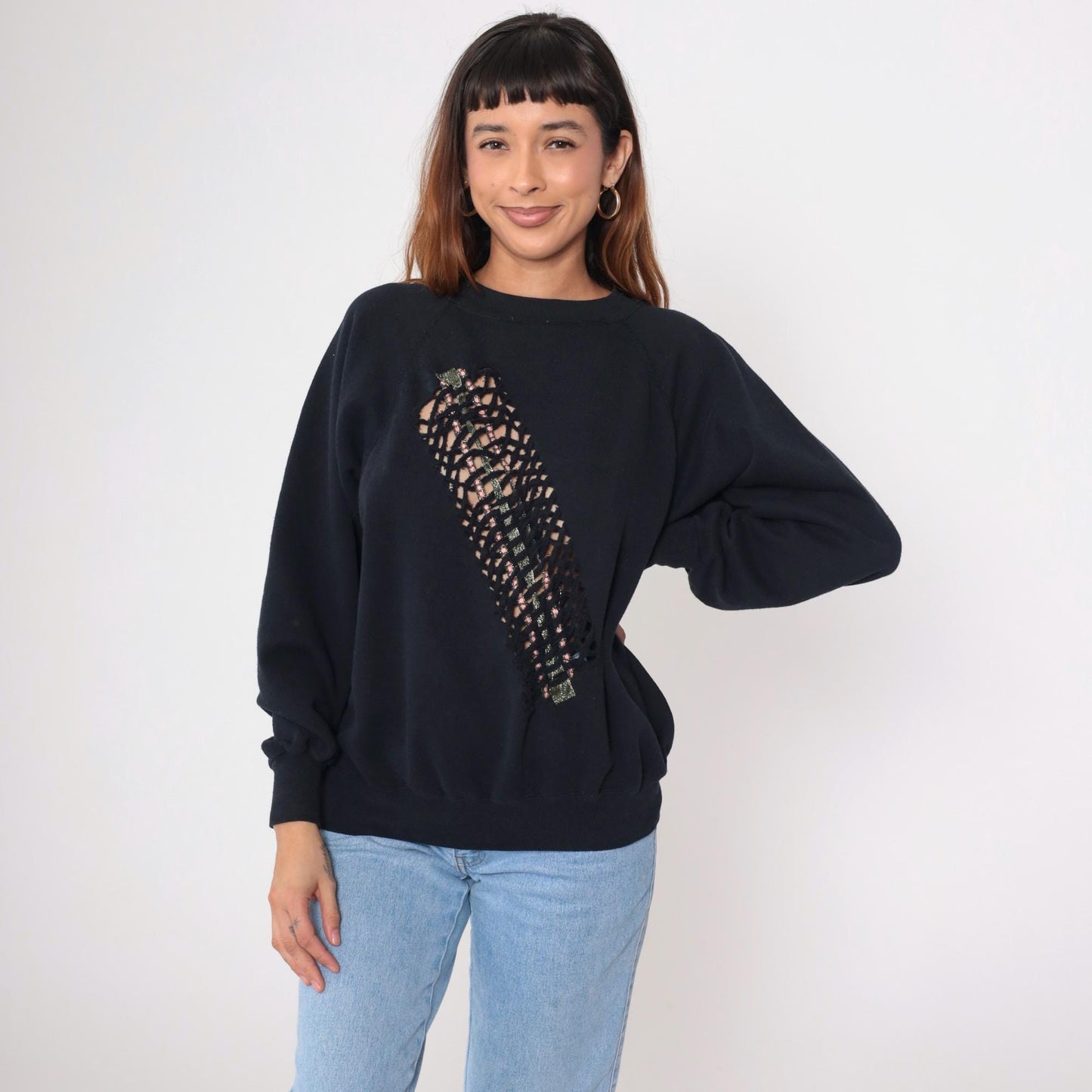 90s Black Sweatshirt Cutout Metallic Trim Raglan Crewneck Large