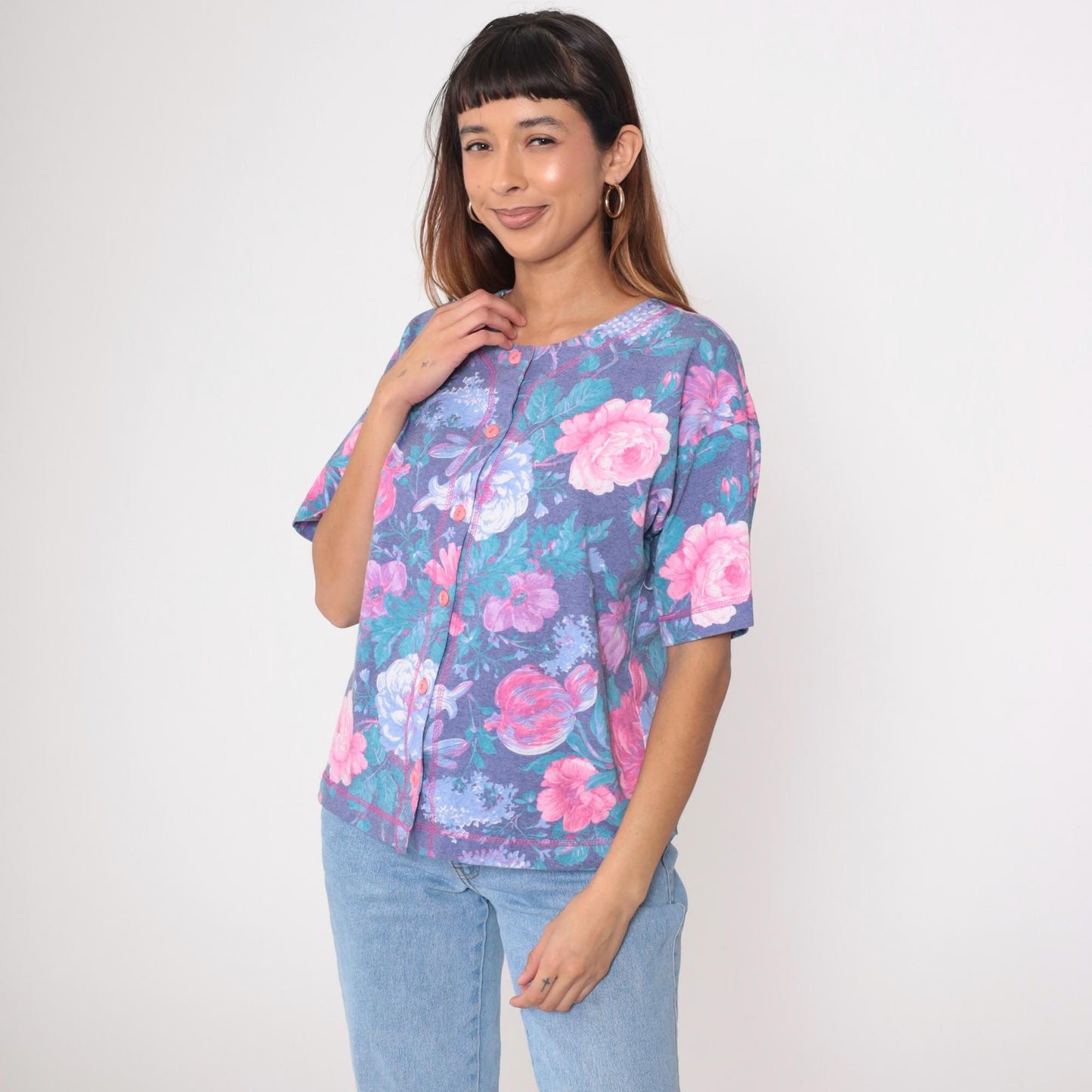 90s Floral Button-Up Blouse Purple Pink Flower Print Short Sleeve Medium
