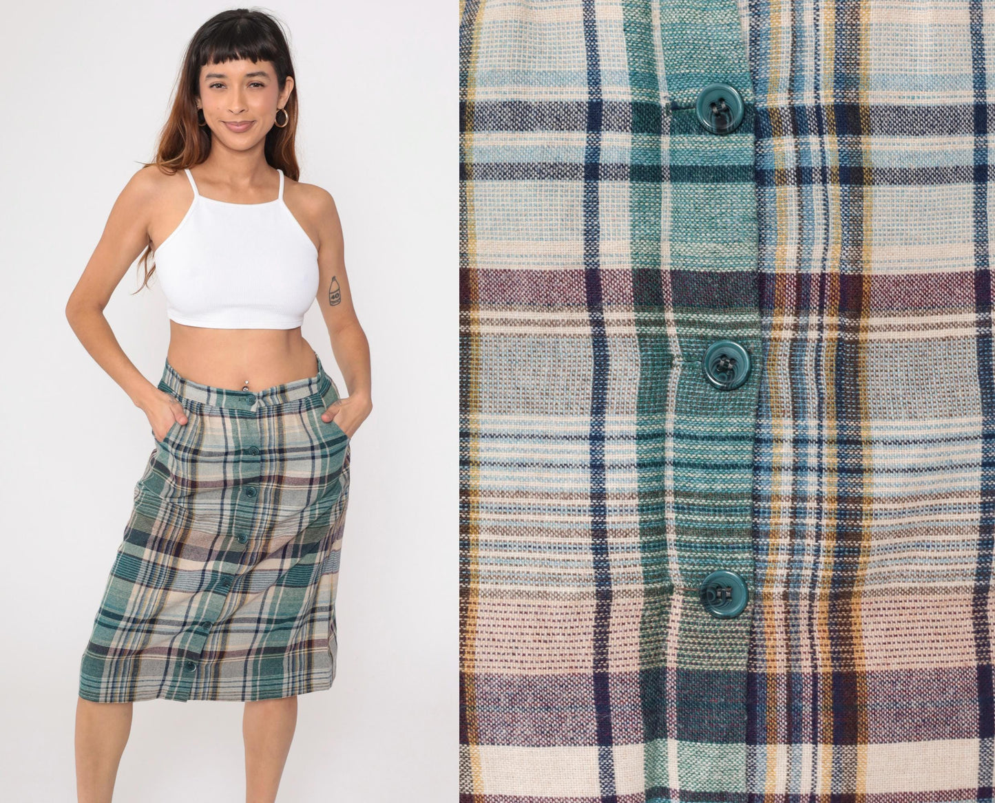 70s Hunter Sportswear Plaid Midi Skirt High Waist A-Line Button Front Teal Beige Medium