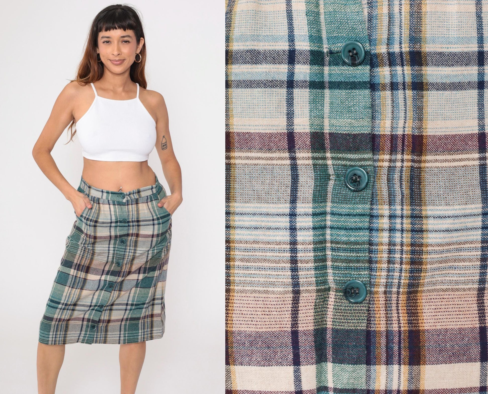 70s Hunter Sportswear Plaid Midi Skirt High Waist A-Line Button Front Teal Beige Medium