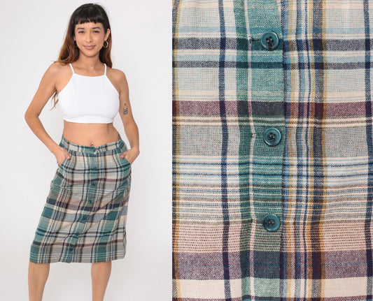 70s Hunter Sportswear Plaid Midi Skirt High Waist A-Line Button Front Teal Beige Medium