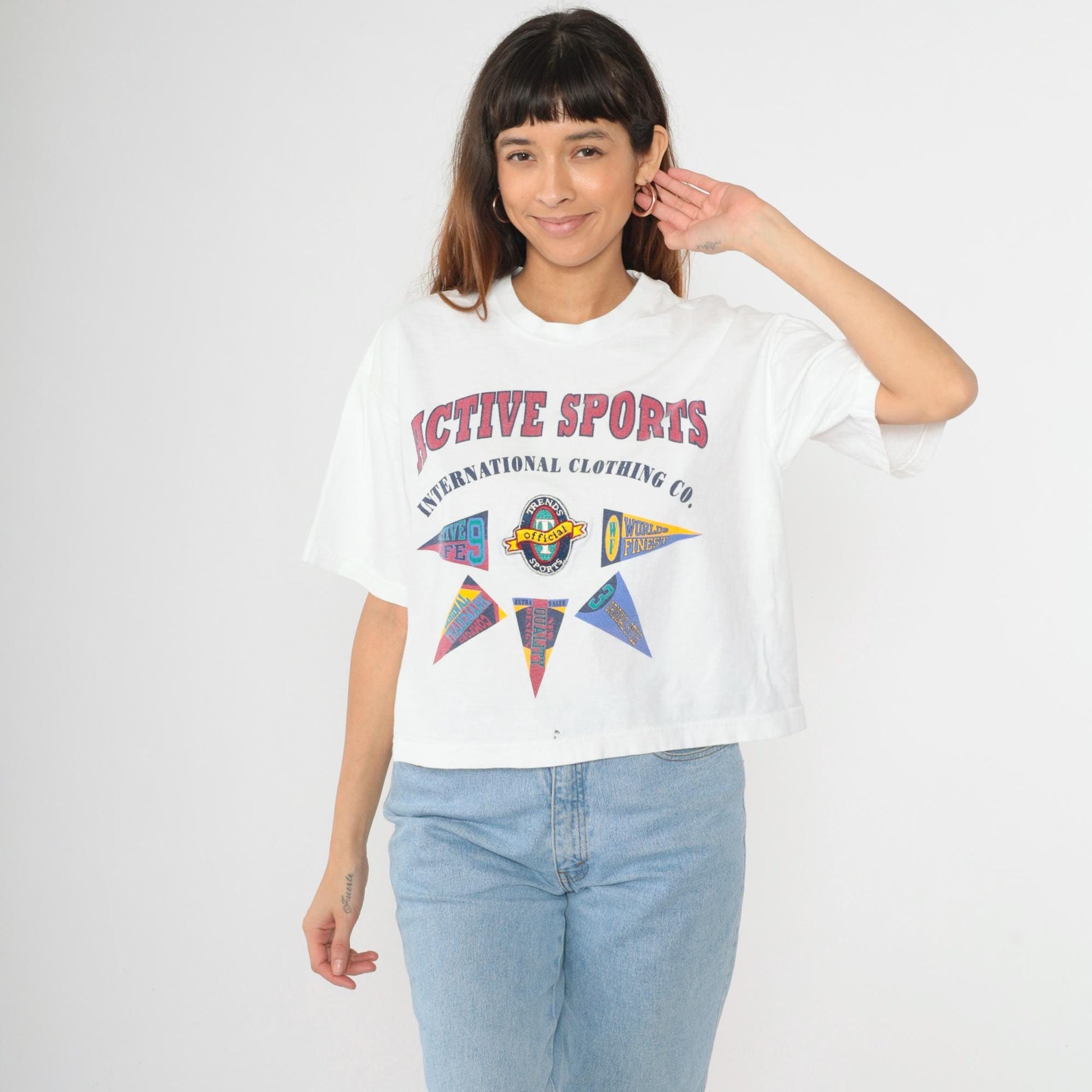 90s Active Sports International Pennant Graphic T-Shirt White Cotton Large