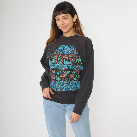 90s Flamingo Sweatshirt Black Glitter Graphic Raglan Crewneck Large