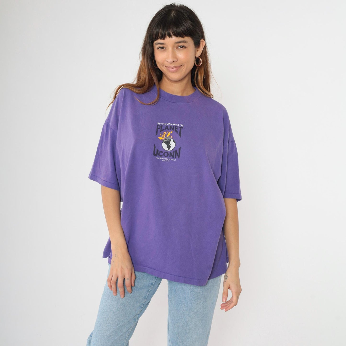 1995 UConn Spring Weekend Planet Graphic T-Shirt Purple Cotton XXL