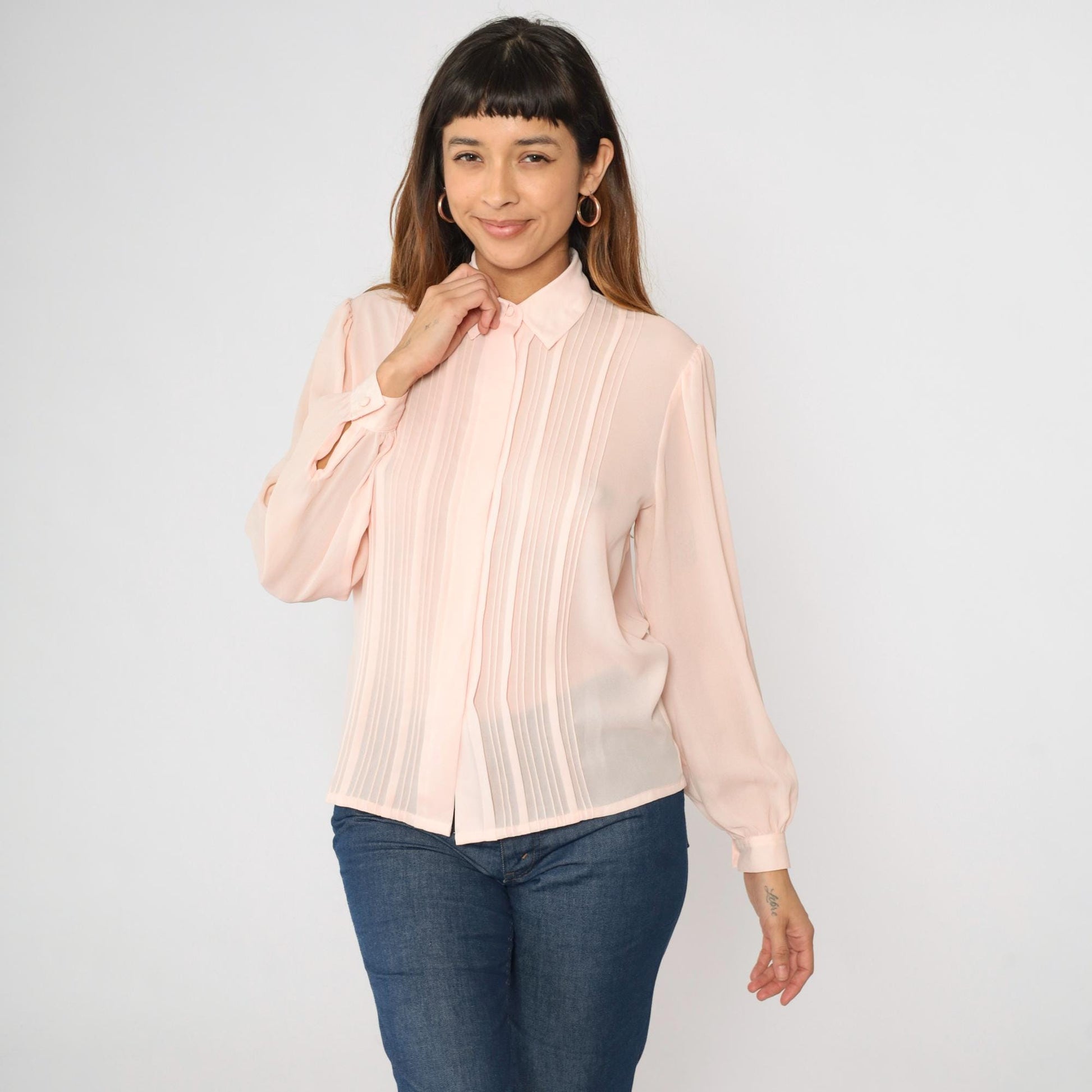 90s Laura and Jayne Pink Pleated Blouse Puff Sleeve Button Up Small