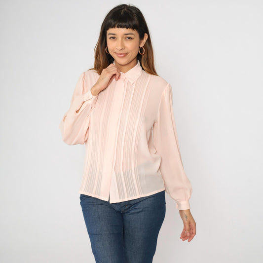 90s Laura and Jayne Pink Pleated Blouse Puff Sleeve Button Up Small