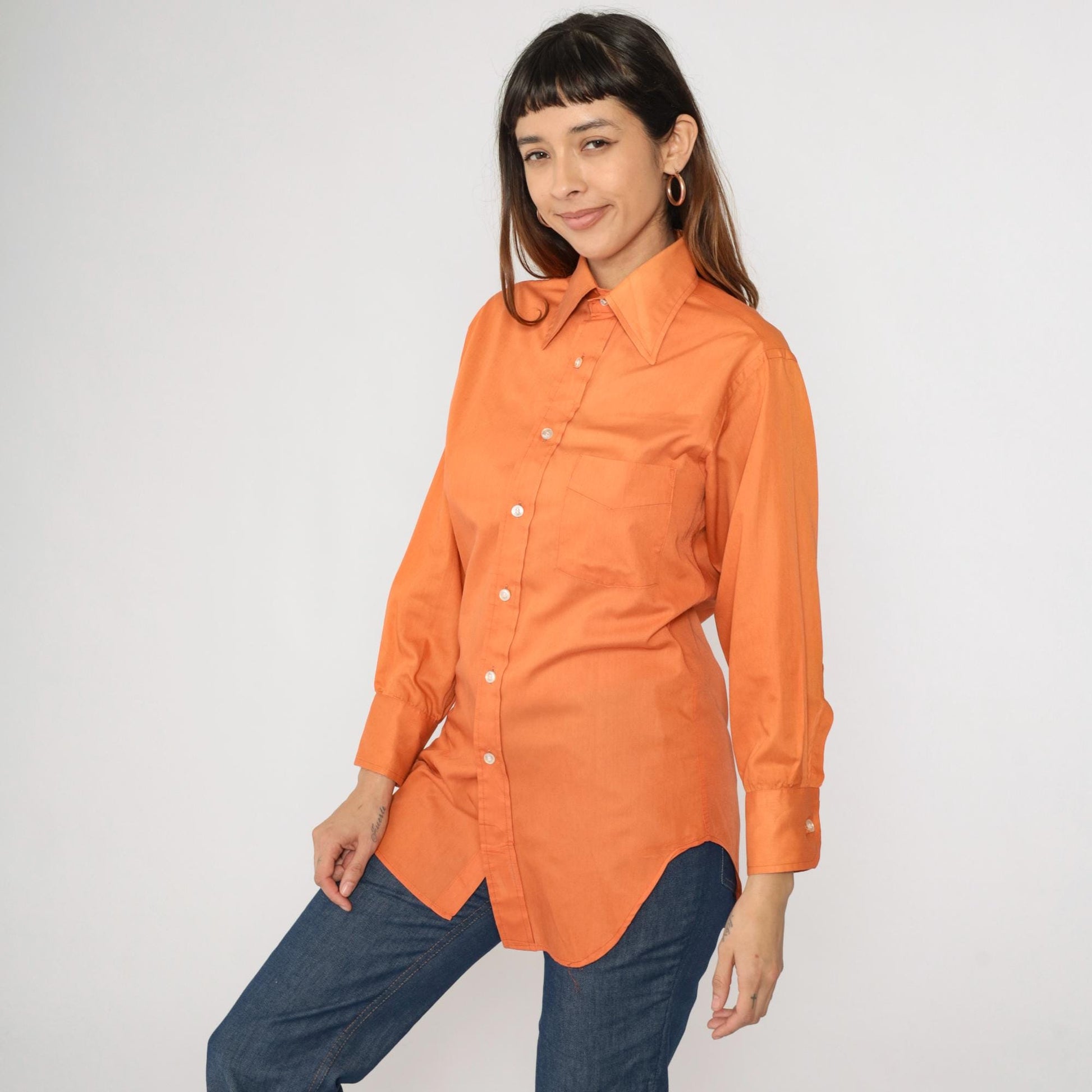70s Orange Dagger Collar Button-Up Shirt Long Sleeve Men's Small