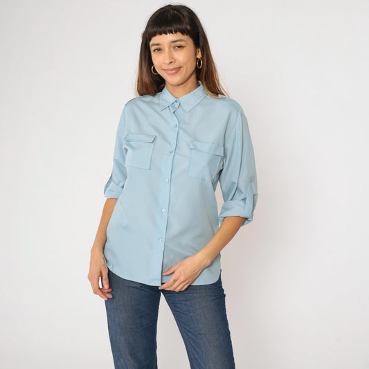 80s Ship n Shore Light Blue Button-Up Blouse Roll Tab Sleeves Medium