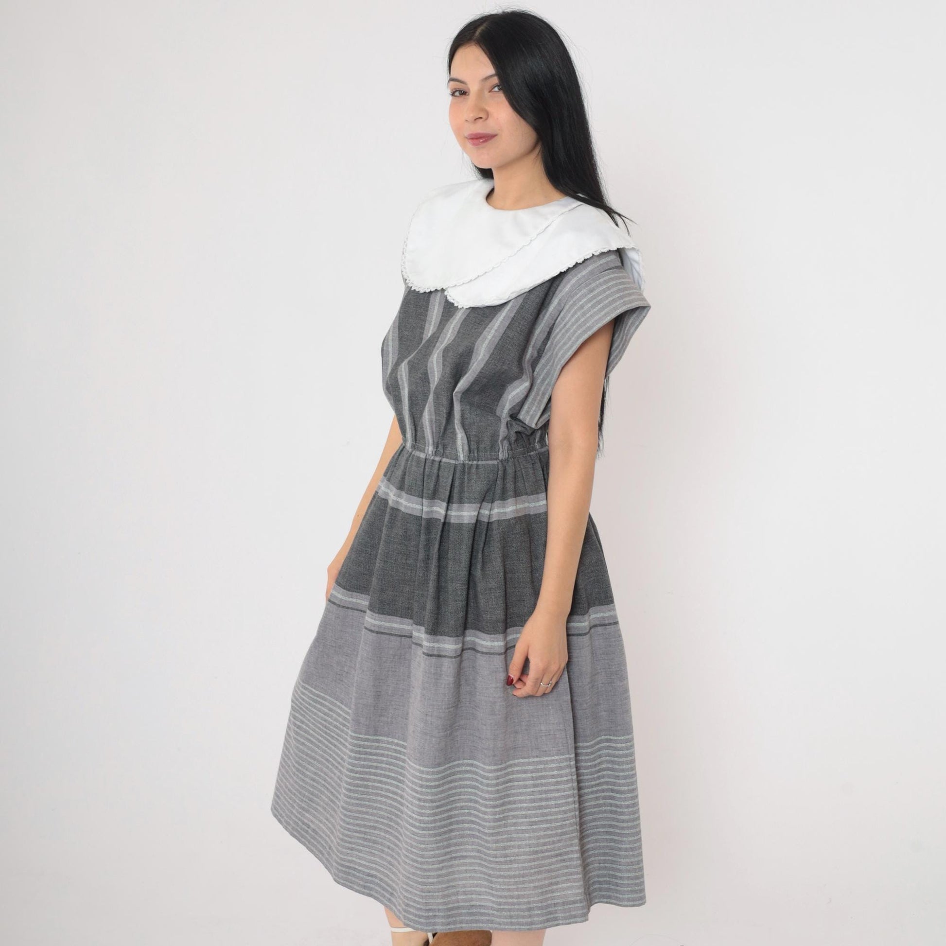 80s Grey Striped Midi Dress White Puritan Collar Cap Sleeve Elastic Waist Medium