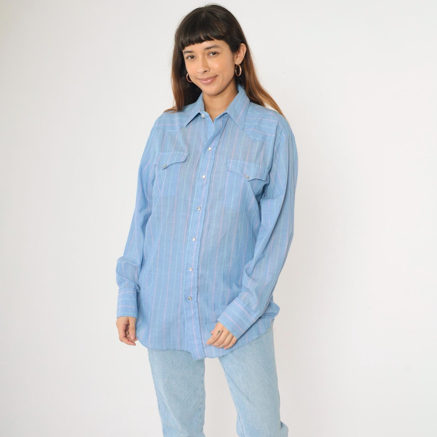 90s Panhandle Slim Western Shirt Blue Striped Pearl Snap Cowboy Large