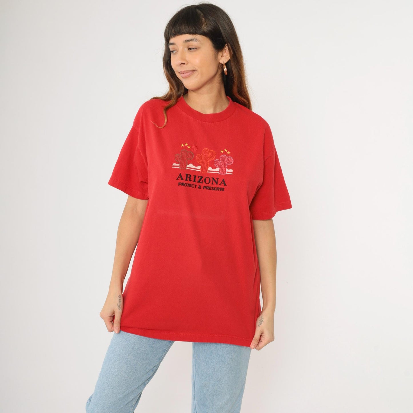 Y2K Arizona Cactus Embroidered T-Shirt Red Cotton Graphic Tee Large