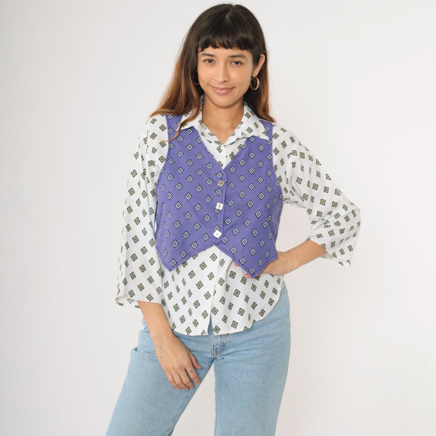 90s New Moves Geometric Button Up Shirt White Purple Attached Vest Medium