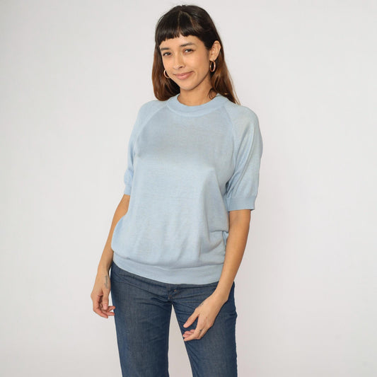 80s Blue Knit Sweater Raglan Short Sleeve Crewneck Rear Zip Large L