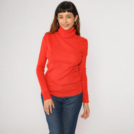 70s Red Ribbed Knit Turtleneck Sweater Pullover Medium