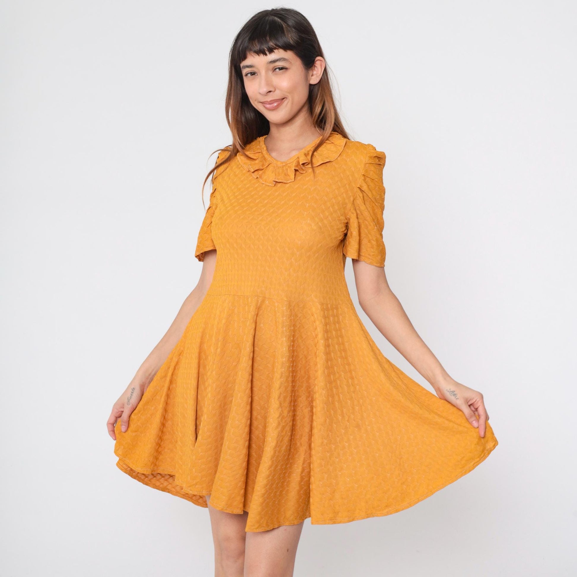 1960s Marigold Orange Mini Dress Puff Sleeves Ruffled Collar Textured Knit Small Medium