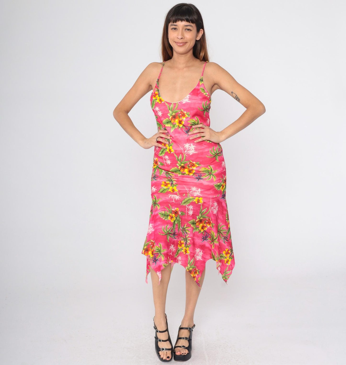 Y2K Pink Hibiscus Floral Midi Dress Bodycon Spaghetti Strap Hanky Hem Small