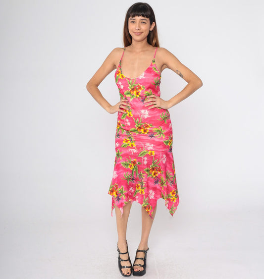 Y2K Pink Hibiscus Floral Midi Dress Bodycon Spaghetti Strap Hanky Hem Small