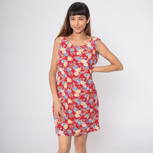 90s Floral Mini Dress Red Wildflower Print Shift Sundress Sleeveless Small Medium