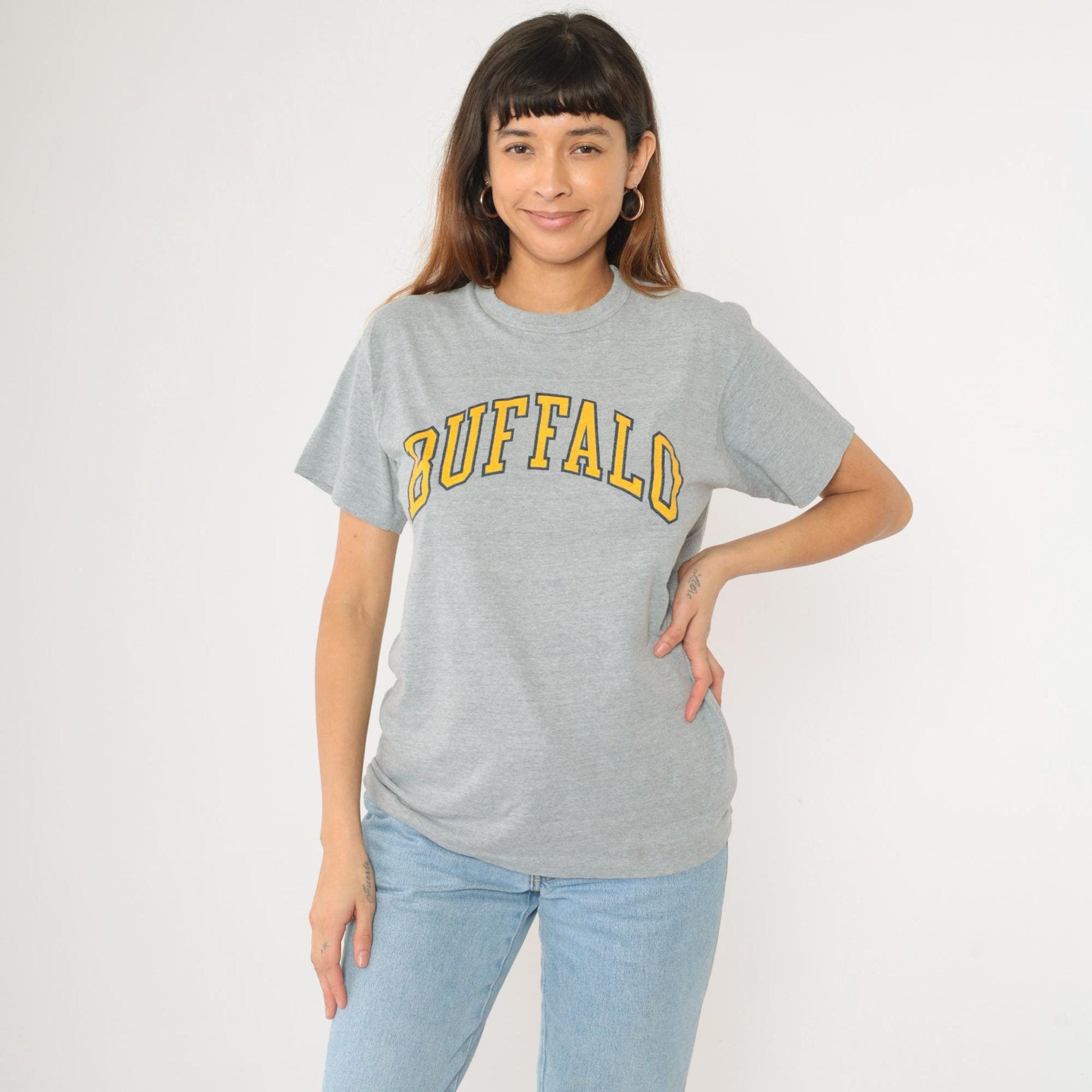 90s Buffalo New York Graphic T-Shirt Hearse Grey Hanes Crewneck Large