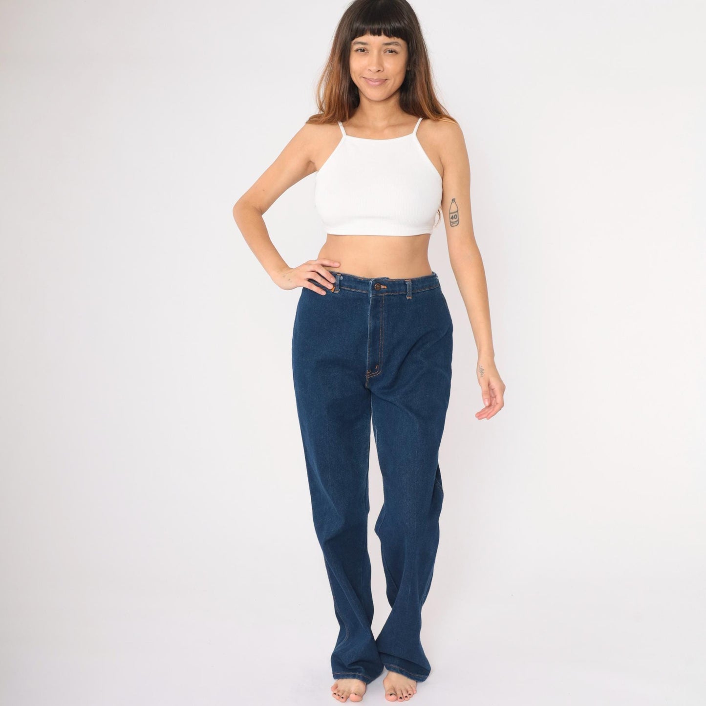 80s H.I.S Chic High-Waist Straight-Leg Jeans Dark Wash Denim Large 32
