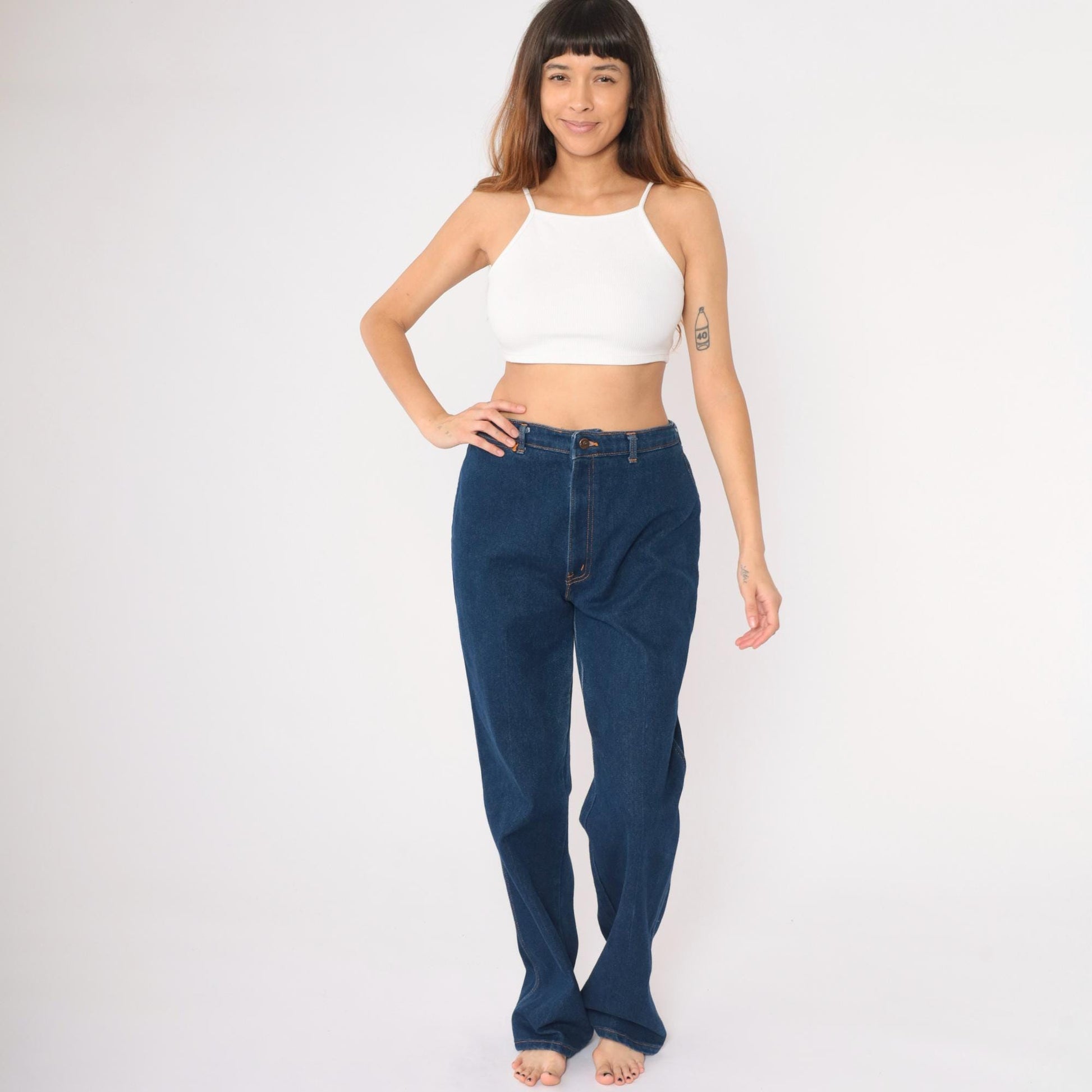80s H.I.S Chic High-Waist Straight-Leg Jeans Dark Wash Denim Large 32