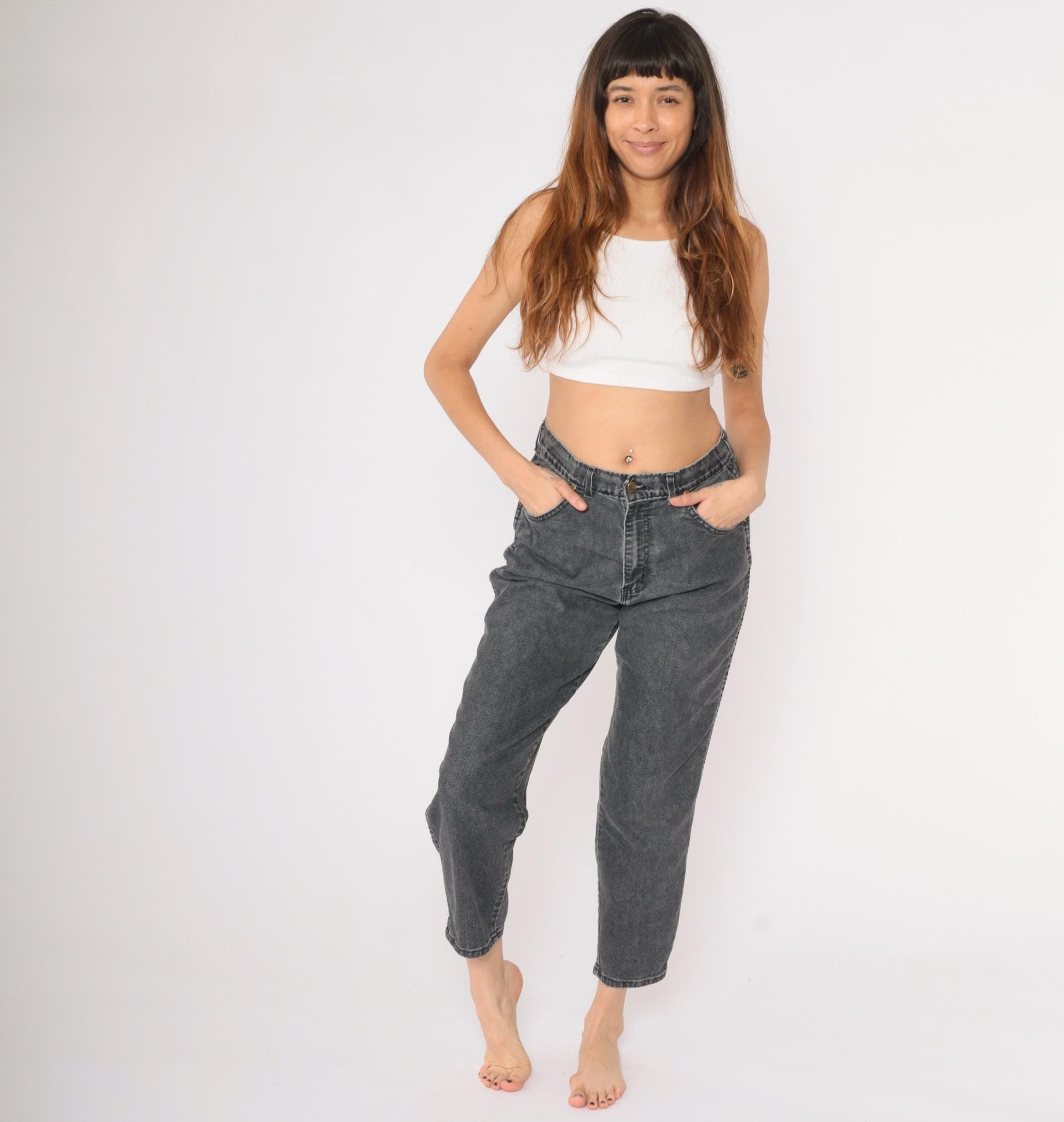 90s Chic High Waisted Tapered Jeans Faded Black Denim Large