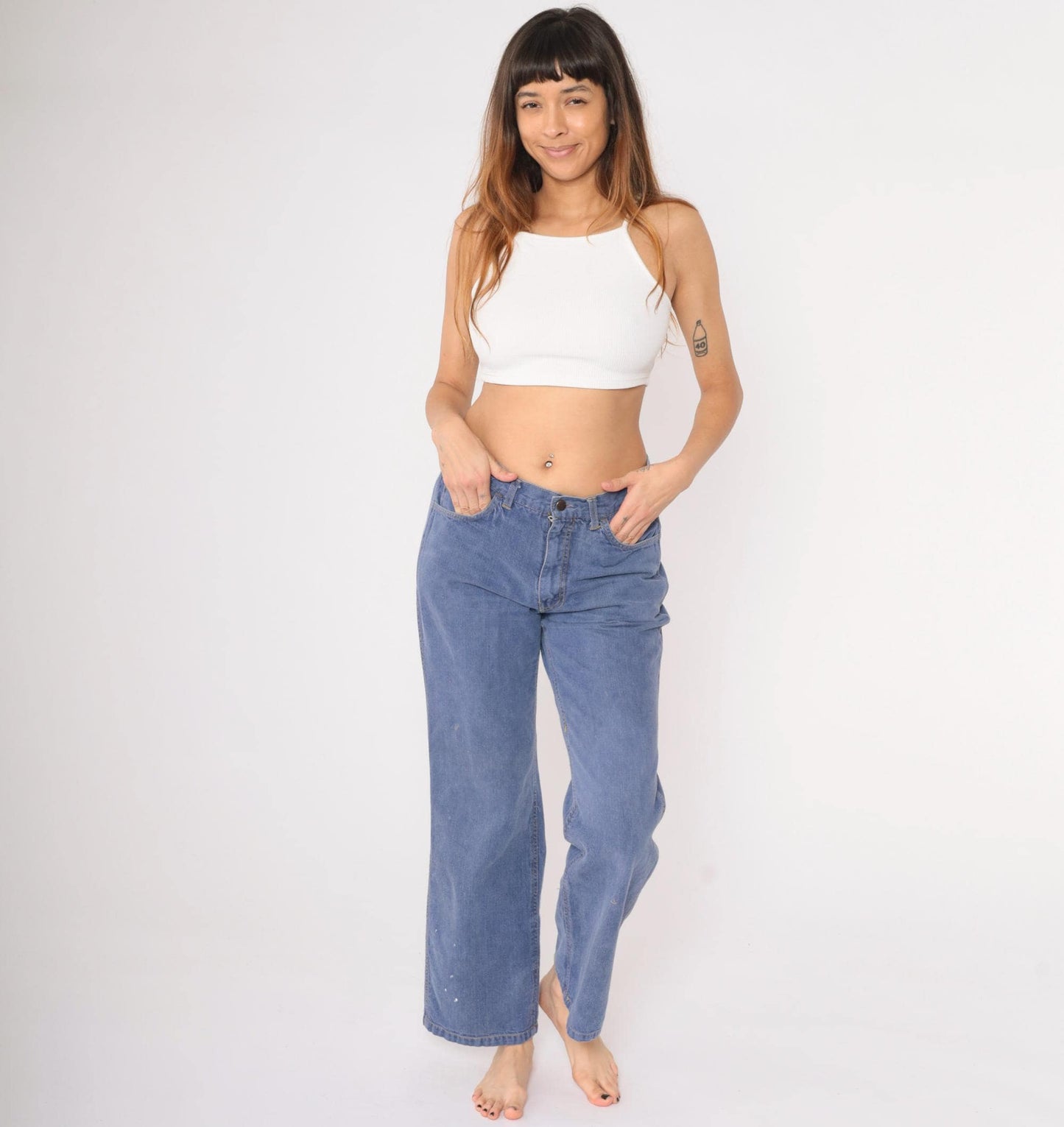 70s Bell Bottom Jeans Denim Mid Rise Blue Jean Team Medium